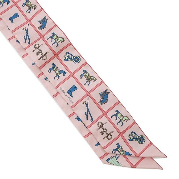 HERMES Twilly Horsewear Couvertures et Tenues Silk100% Rose/Blue/Vert - Picture 8 of 9